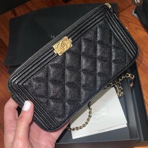 CHANEL WALLET CHAIN CROSSBODY BAG IN BLACK CAVIAR AND GOLD HARDWARE